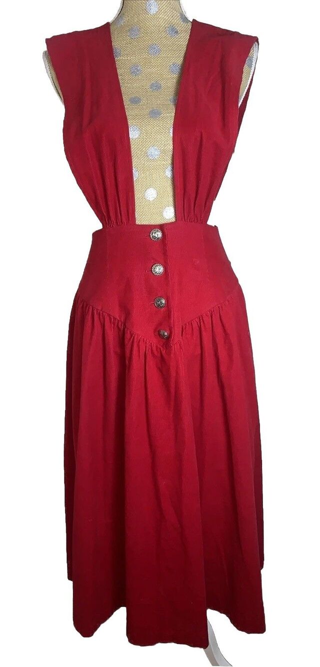 VtG Red Corduroy Overall Pinafore Dress Button Hight Waist XS Victorian Tradwife